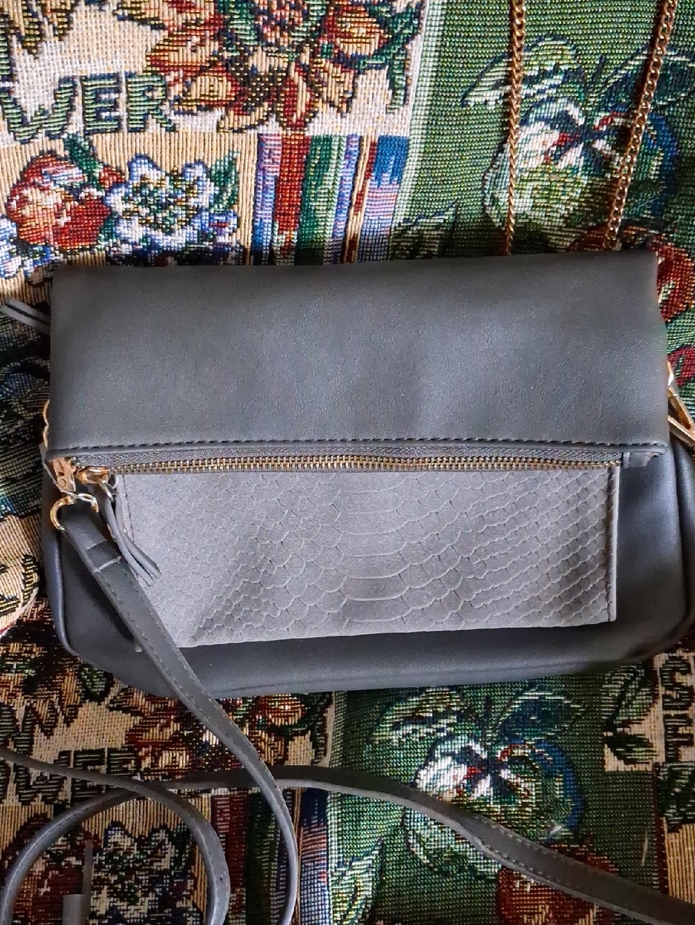 Classic Gray Crossbody Bag with Textured Front Panel
